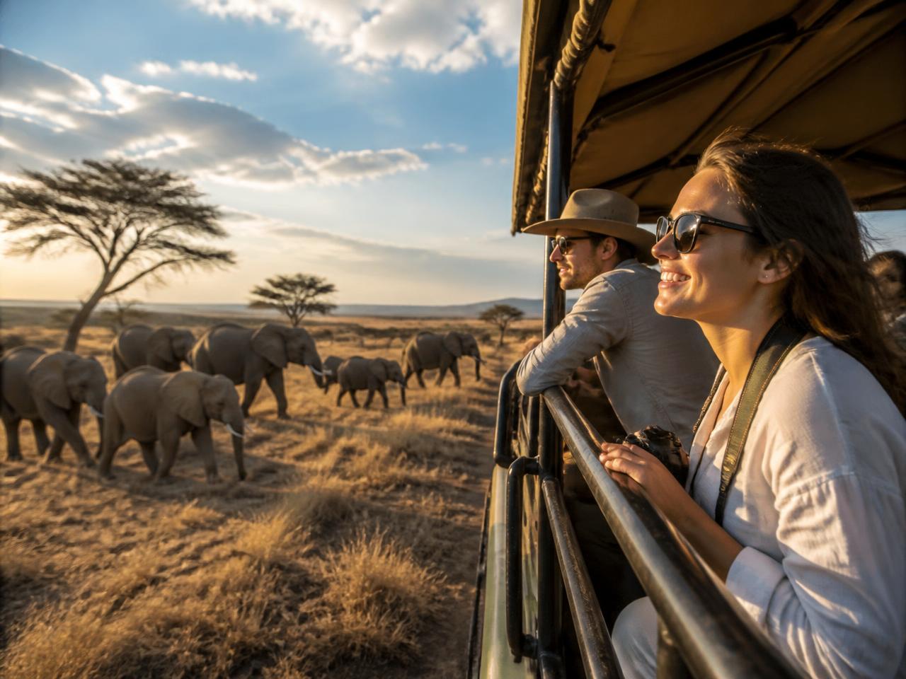 Travellers on safari watching a herd of elephants