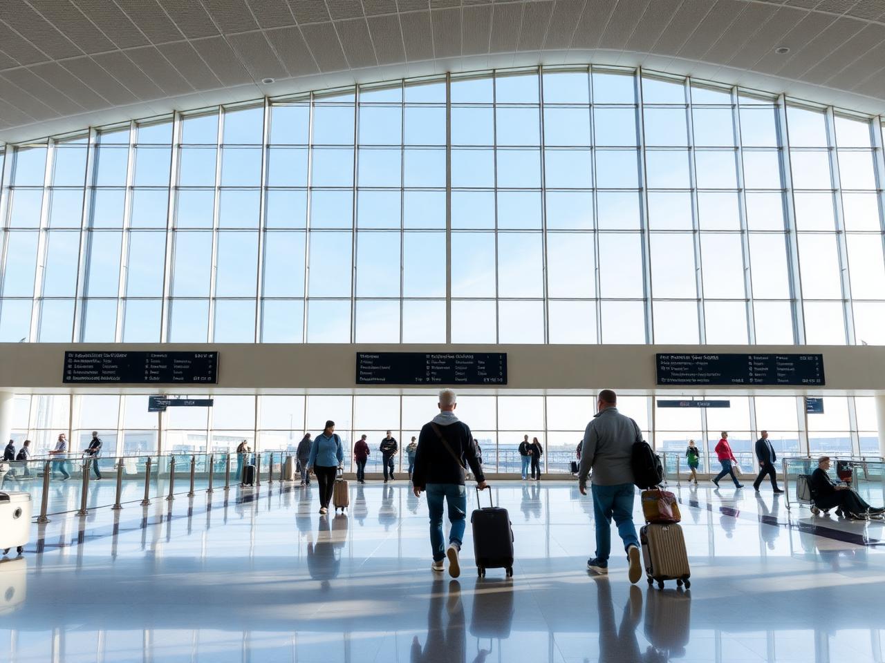 Travellers with luggage in a modern airport terminal