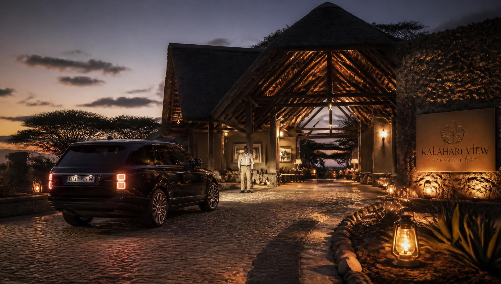 Luxury travel vehicle arriving at a premium safari lodge