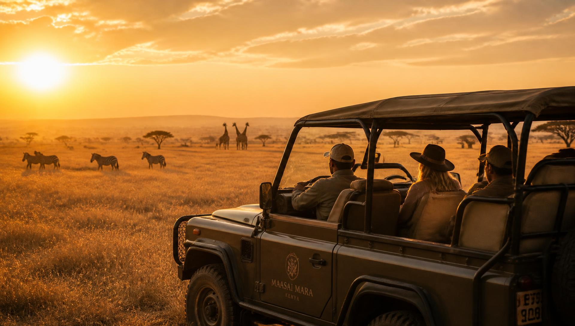 Luxury safari vehicle overlooking the Maasai Mara at sunrise